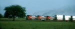 Three pristine C40's lead the QALRI126 out of Alliance yard, past cow pastures that soon will become housing subdivisions as suburban sprawl spreads north 